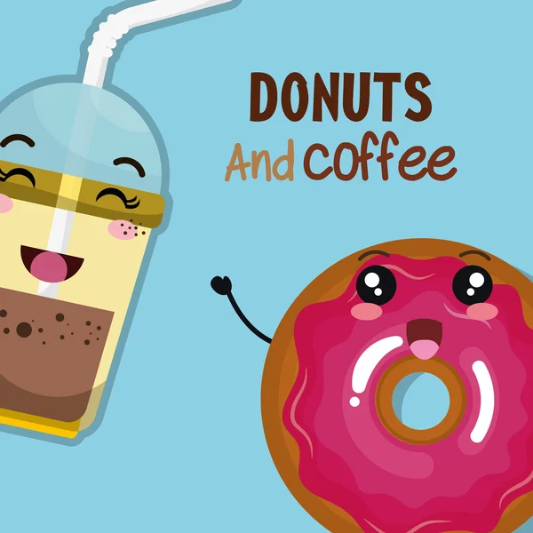 Donut et café kawaii dessin animé — Image vectorielle