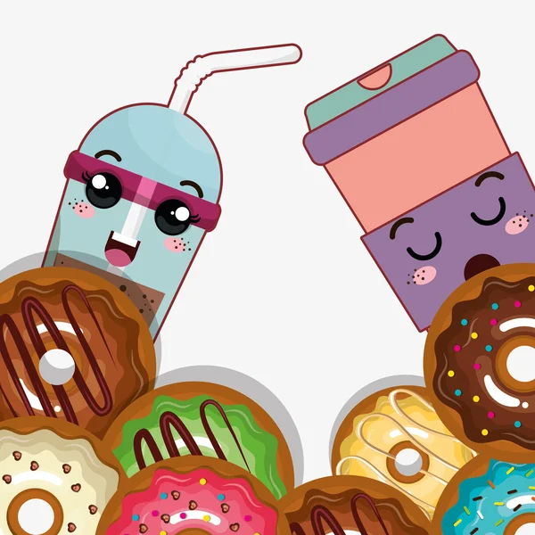 Donut y café kawaii dibujos animados — Vector de stock