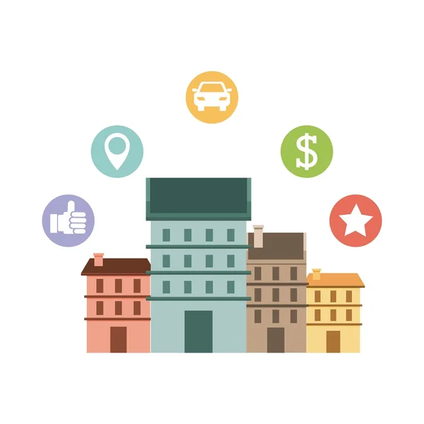 Cityscape with social marketing icons — Stock Vector