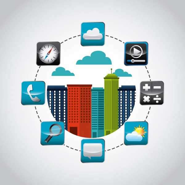 Paisagem urbana com ícones da loja de aplicativos —  Vetores de Stock