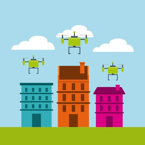 城市景观建筑与无人机飞行 — 图库矢量图片