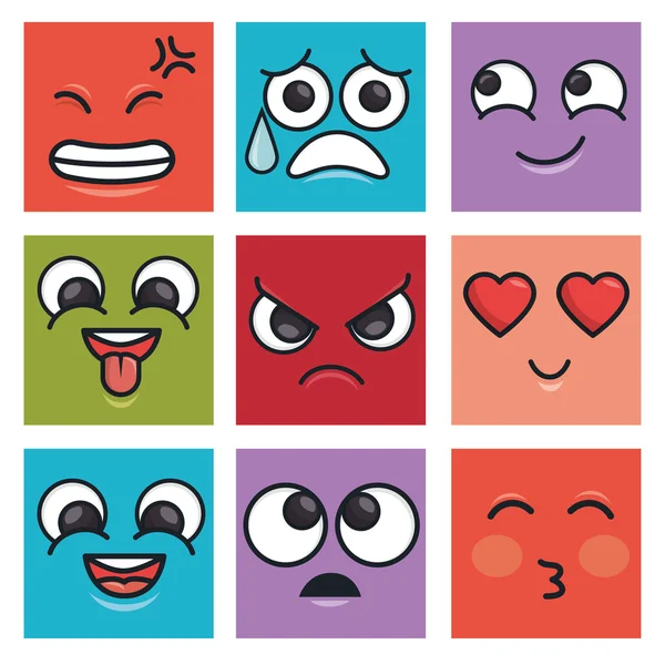 Charatcer differents emoticons vierkant kleuren afbeelding — Stockvector