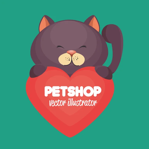 Cartoon gray cat pet shop heart icon design — Stock Vector