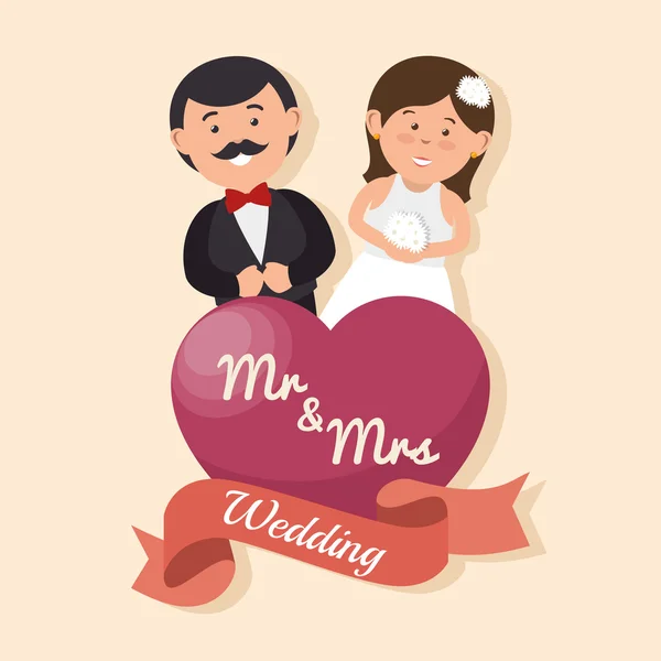 Весільна листівка щаслива пара з серцем Mr mrs дизайн графічний — стоковий вектор