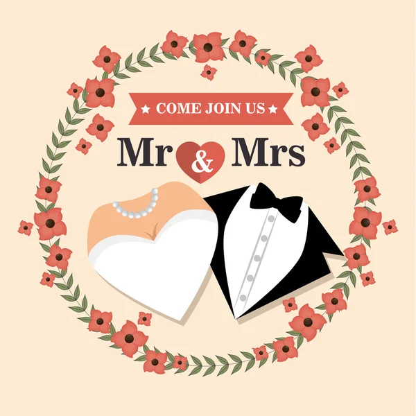 Cartão de casamento com flor e terno e vestido de noiva gráfico de design —  Vetores de Stock