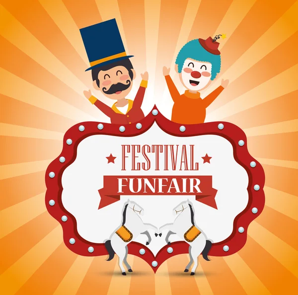 Плакат фестиваль смішний клоун і коні веселощі — стоковий вектор
