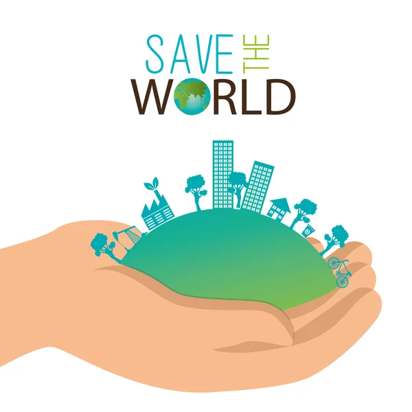 Ecology concept hand holds city save the world — Stock Vector