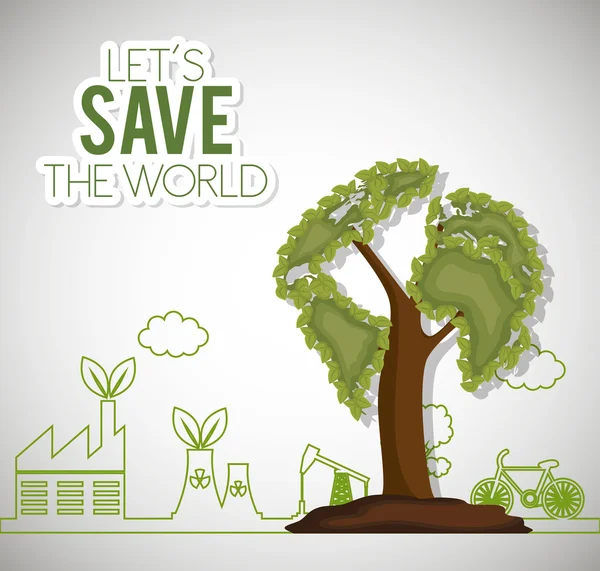 Permite salvar el mundo ecología fábrica casa bicicleta — Vector de stock