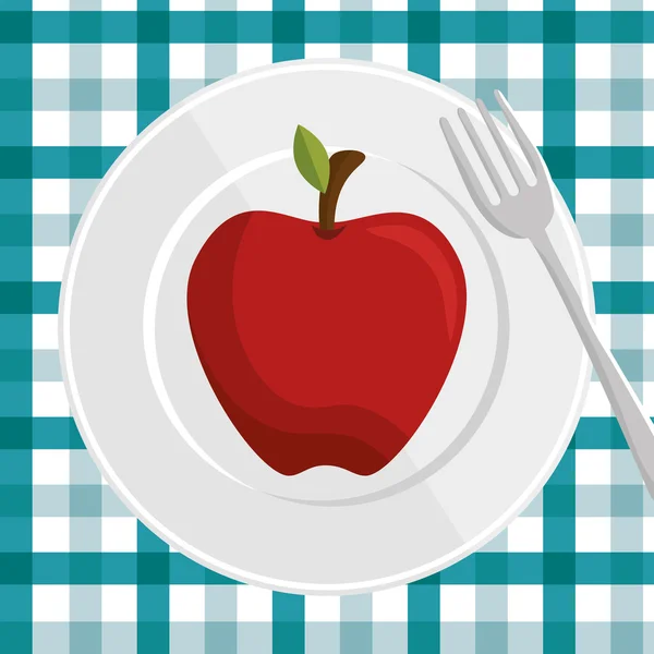 Manzana fresca sobre plato y tenedor con mantel a cuadros — Archivo Imágenes Vectoriales