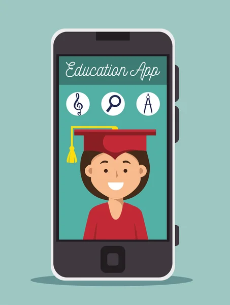 Educación online chica graduación smartphone diseño — Vector de stock