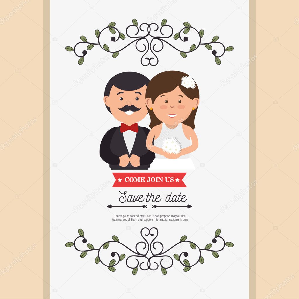 cute cartoon bride groom weddign card design graphic