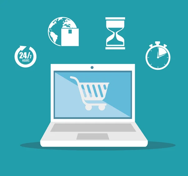 E - commerce shopping card levering iconen ontwerp blauwe achtergrond — Stockvector