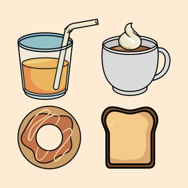 Kahvaltı donut ekmek meyve suyu ve kahve ayarla