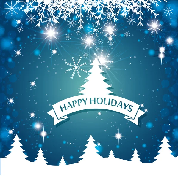 Lindo cartão feliz feriados paisagem árvore floco de neve azul fundo —  Vetores de Stock