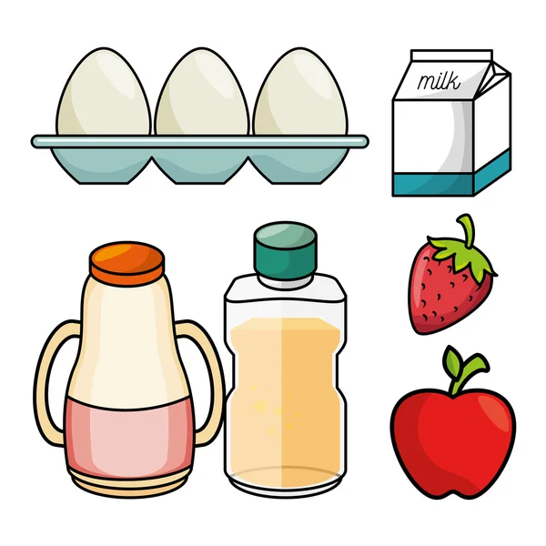 Breakfast concept egg milk appple strawberry juice graphic — Stock vektor