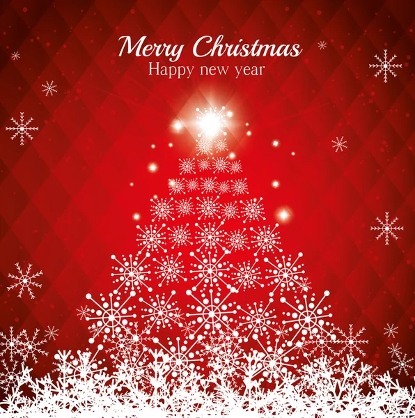 Cartolina Buon Natale felice anno nuovo pino fiocco di neve luce stella rosso sfondo — Vettoriale Stock