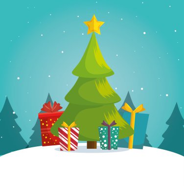 Yeşil ağaç Noel hediye kutuları arka plan manzara