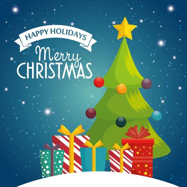 Felicitări de sărbători fericite bile de pin de Crăciun și cadouri — Vector de stoc