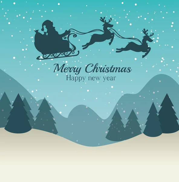Merry christmas and happy new year silhouette santa sleigh landscape design graphic — ストックベクタ