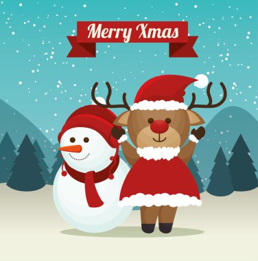 şirin Ren geyiği kardan adam uygun santa manzara arka plan merry xmas etiket