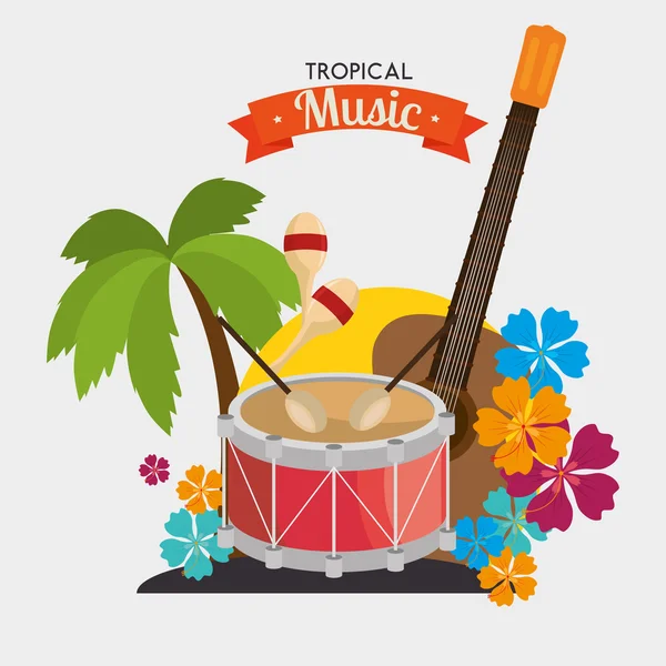 Cartel música tropical muda guitarra maraca palma y flor — Vector de stock