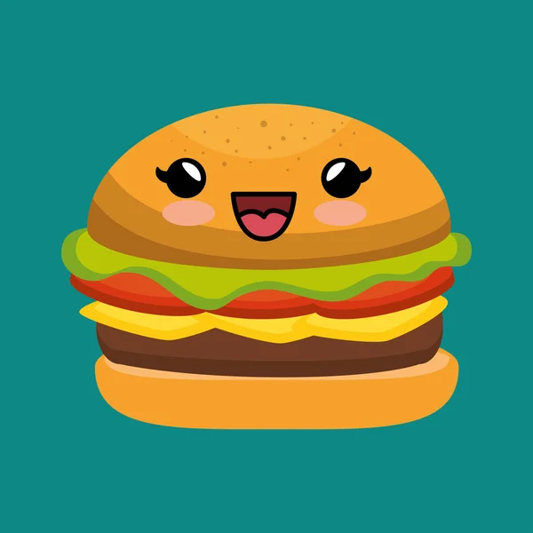 Cute kawaii burger yummy makanan cepat saji - Stok Vektor