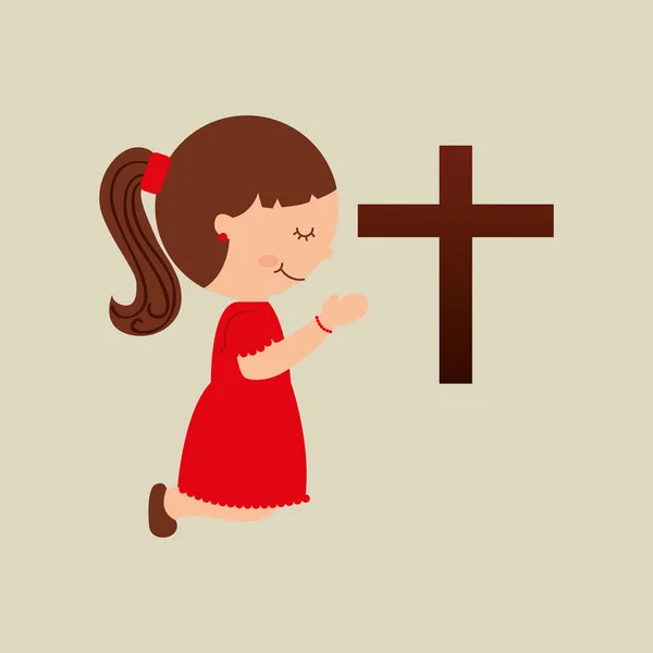 大きな聖書のアイコン デザインと祈って幸せな女の子 — ストックベクタ
