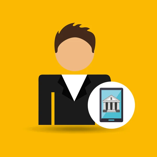 Personaggio uomo smartphone banca digitale icona — Vettoriale Stock