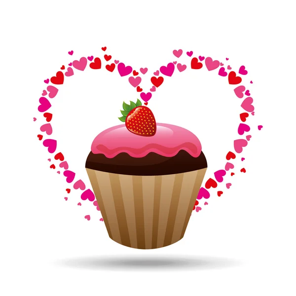 Corazón de dibujos animados cupcake chocolate crema rosa y fresa dulce icono de diseño — Vector de stock