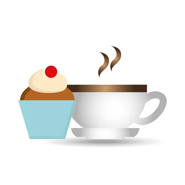 Cupcake de dibujos animados dulce con taza de café icono gráfico caliente — Vector de stock