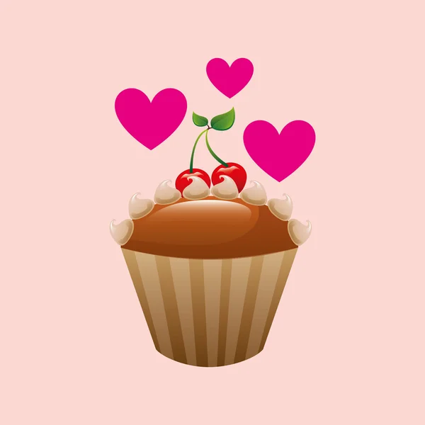 Corazón de dibujos animados cupcake delicioso crema cereza icono de diseño — Archivo Imágenes Vectoriales