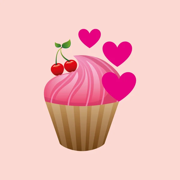 Corazón de dibujos animados rosado cupcake dulce cereza icono de diseño — Archivo Imágenes Vectoriales