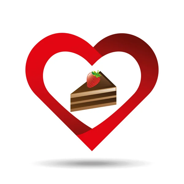 Cuore cartone animato torta affettato cioccolato e fragola icona di design — Vettoriale Stock