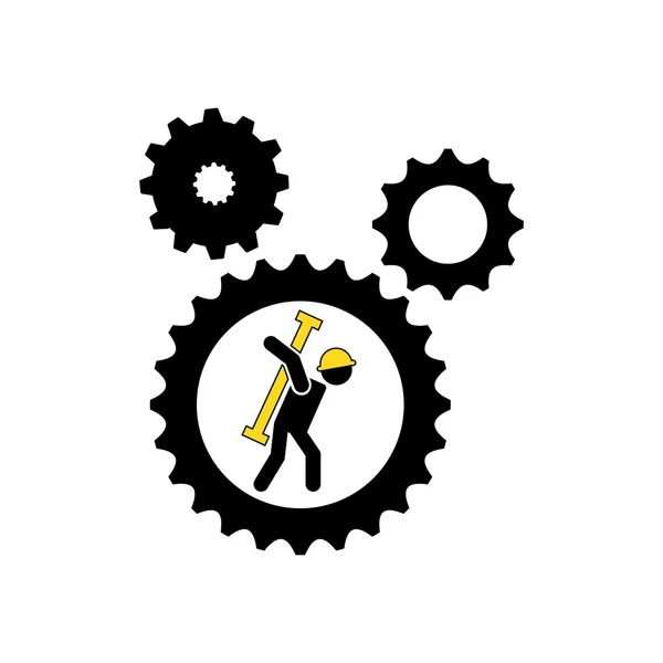 Karaktär man arbetare konstruktion och kugghjul med verktygsikonen — Stock vektor