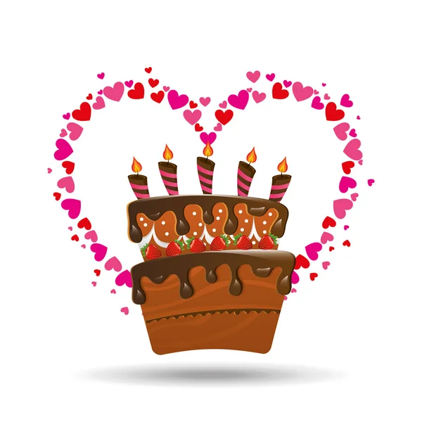 Corazón de dibujos animados pastel velas fresa y crema de chocolate icono de diseño — Vector de stock