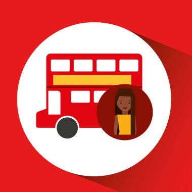kadın karikatür seyahat Londra. Kırmızı otobüs simgesi. Tasarım Grafik