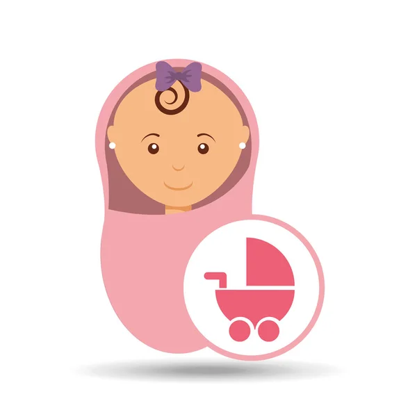 Cute newborn girl on pink blanket and pram — Stock Vector