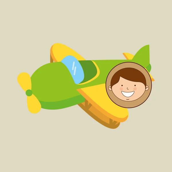 Boy lovely smiling green plane graphic — Stock Vector