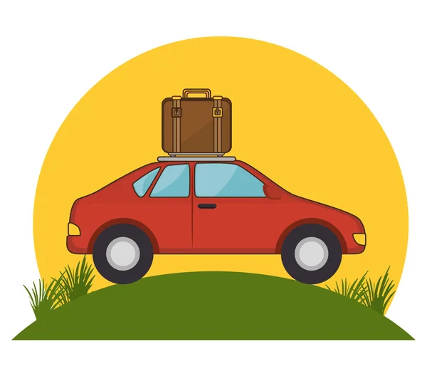 Czerwony samochód walizka travel trawa słońce — Wektor stockowy