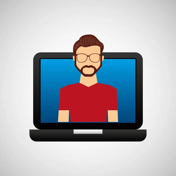 Laptop siyah ve avatar hipster açın — Stok Vektör