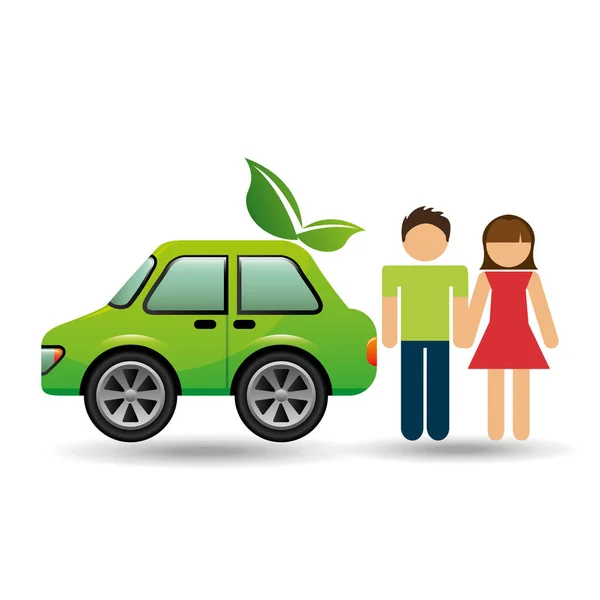 Couple with eco car green design — Stock Vector