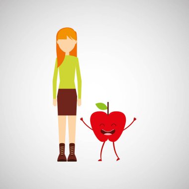 Kız çizgi film ve elma tatlı meyve simgesi