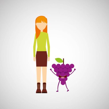 Kız çizgi film ve üzüm sevimli meyve simgesi