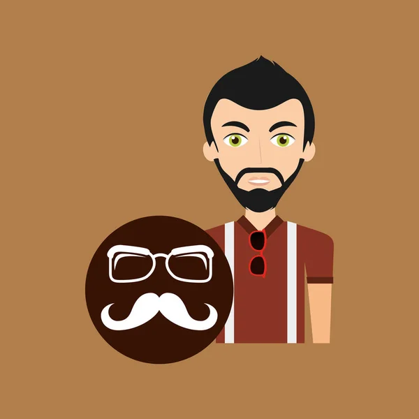 Jeune homme hipster moustache longue et lunettes — Image vectorielle