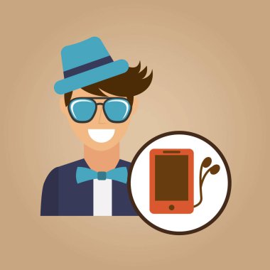 hipster karakter smartphone kulaklık vintage