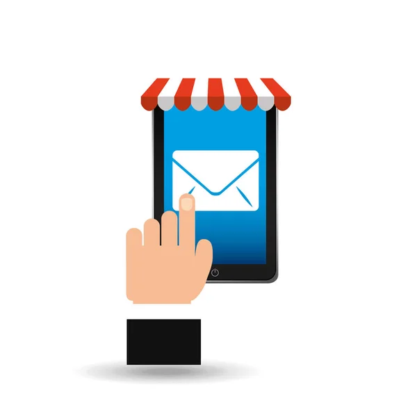 E-commerce concept, hand met smartphone het pictogram van de envelop van de e-mail — Stockvector