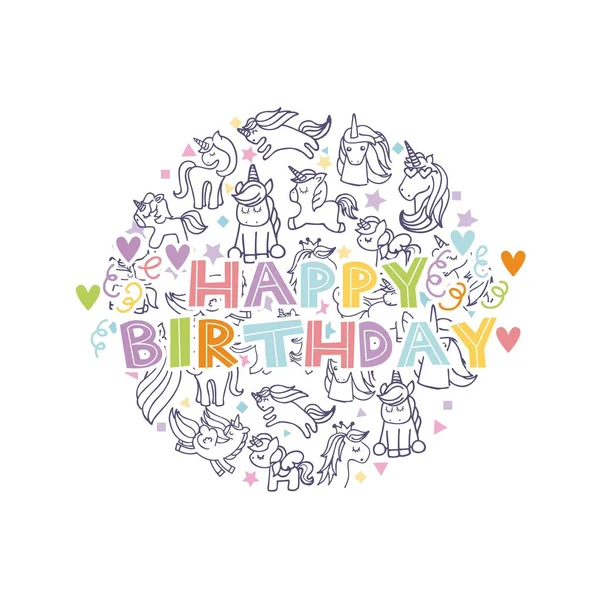 Tarjeta de cumpleaños Unicornio — Vector de stock