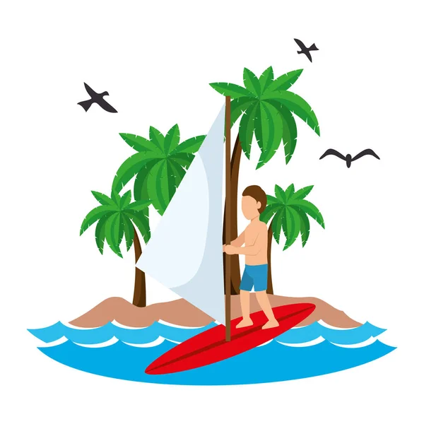 Surfe homem ondas praia tropical — Vetor de Stock