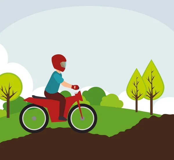 Motorcyclist on rural road landscape — Stock Vector