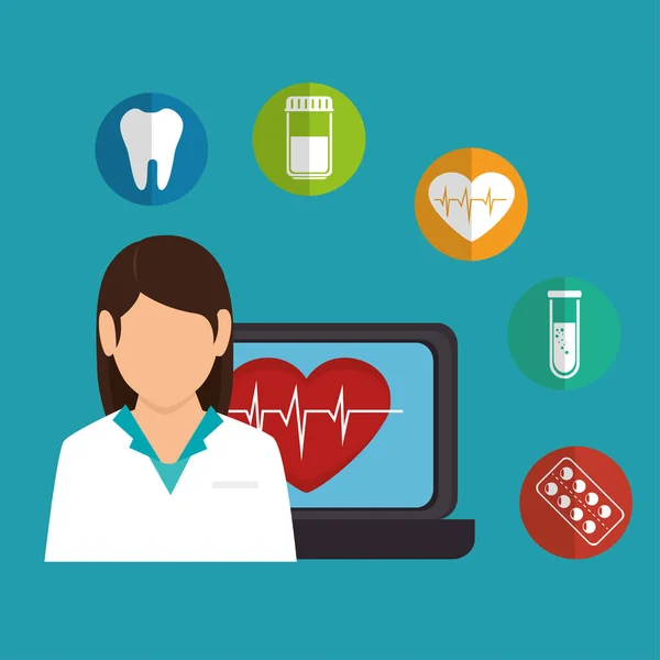 Cartoon läkare kvinnliga laptop hjärtat hälsa ikoner — Stock vektor